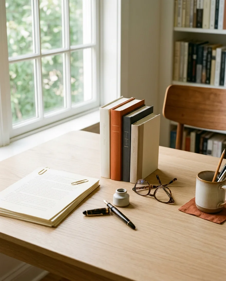 An editor's desk with manuscripts, fountain pen, and hardcover books at Barker Publishing House