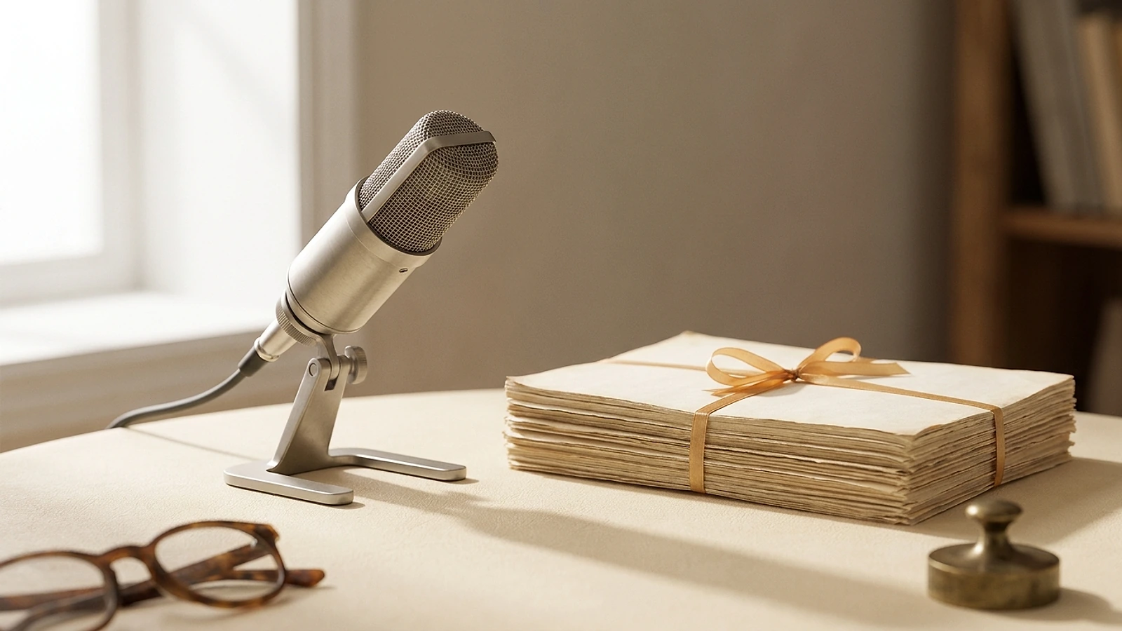 A studio microphone on a desk beside a printed manuscript in warm directional light against a cream background