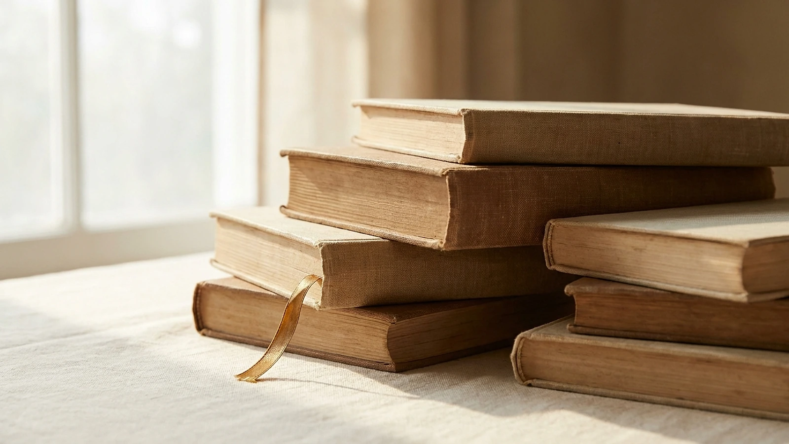 A stack of hardcover books photographed from above on a warm cream surface, spines and boards catching soft daylight