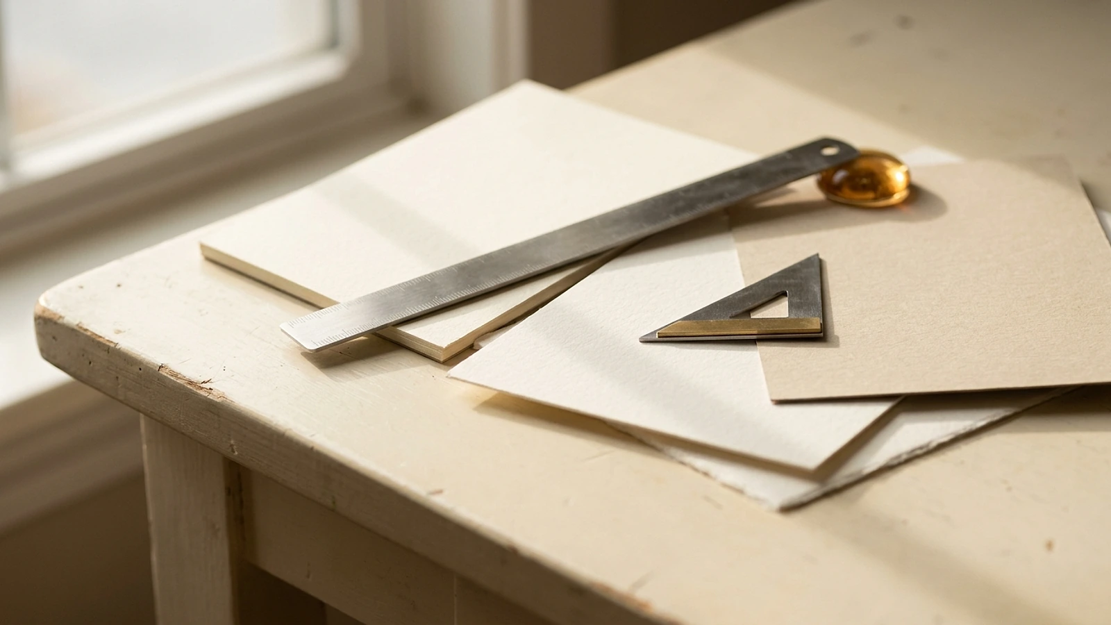 A metal ruler and set square resting on plain paper stock samples on a warm cream desk