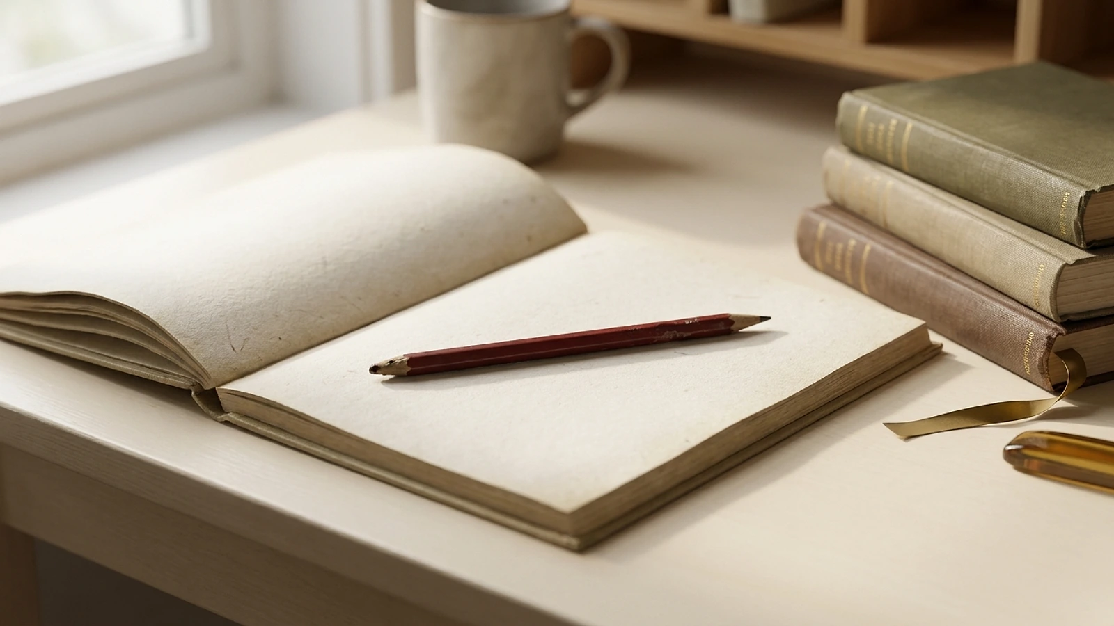 An open manuscript on a desk beside a red pencil and a stack of reference books in warm morning light