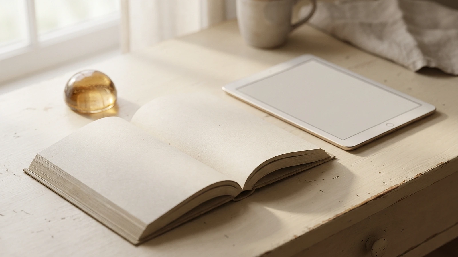 An open paperback lying flat beside a tablet, both showing blank pages, on a warm cream desk in daylight