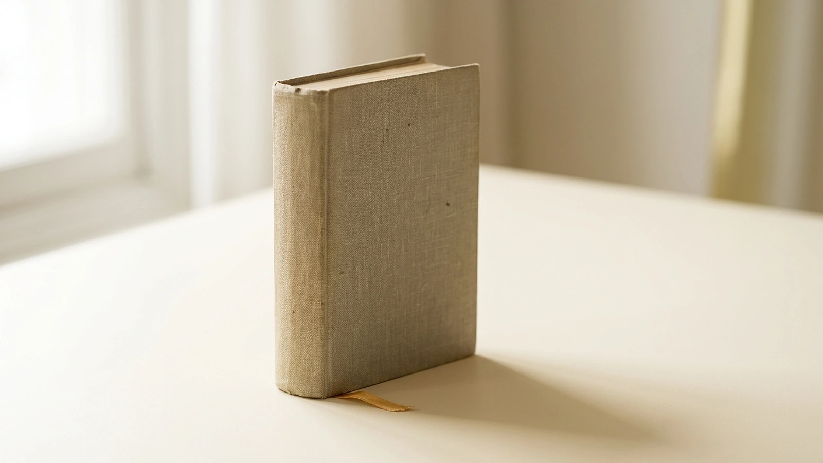 A single book displayed upright on a warm cream surface with soft daylight falling across it from a window