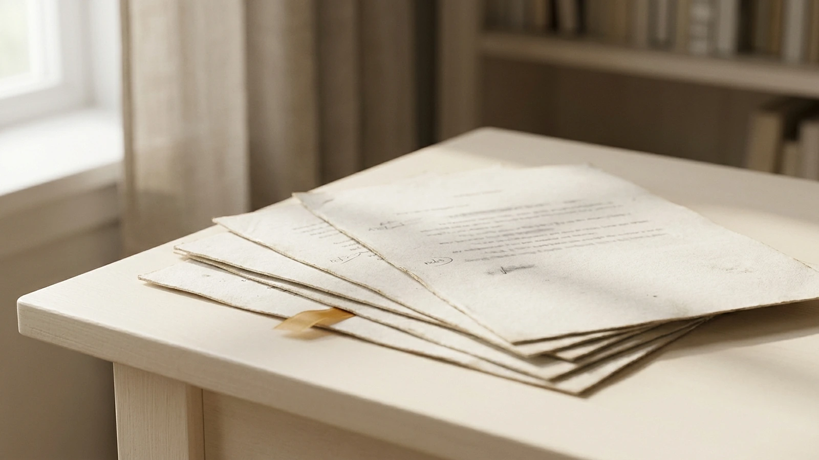 Several marked manuscript pages fanned across a warm cream desk in soft daylight