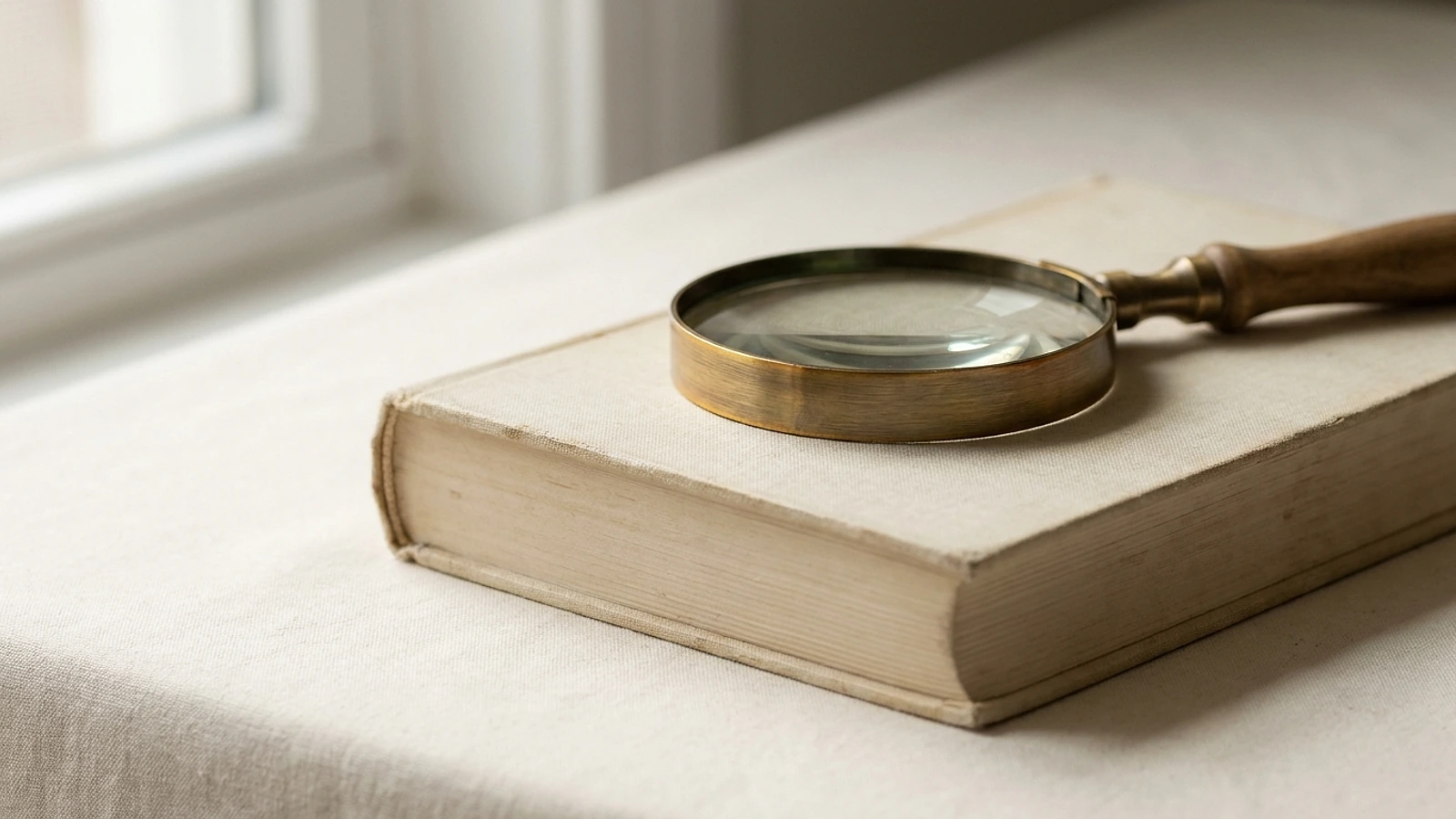 A magnifying glass resting on a plain book cover on a warm cream surface in soft light