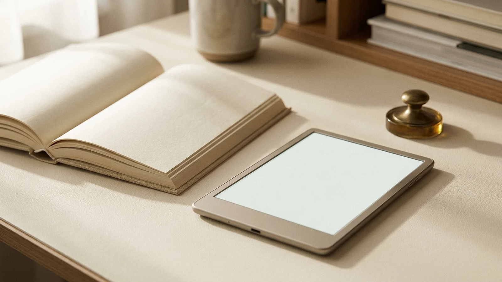 An e-reader with a blank screen resting beside an open paperback on a warm cream desk