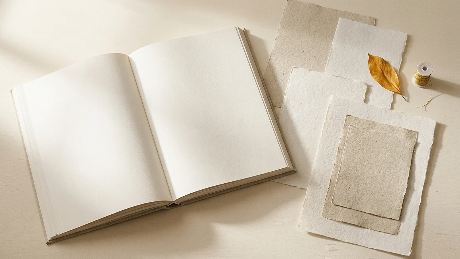 An open large-format book with blank pages beside loose paper samples on a warm cream desk