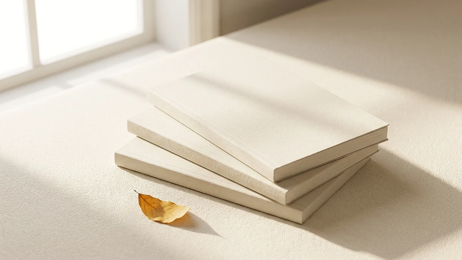 Three identical blank paperbacks stacked at slight angles on a warm cream surface in daylight