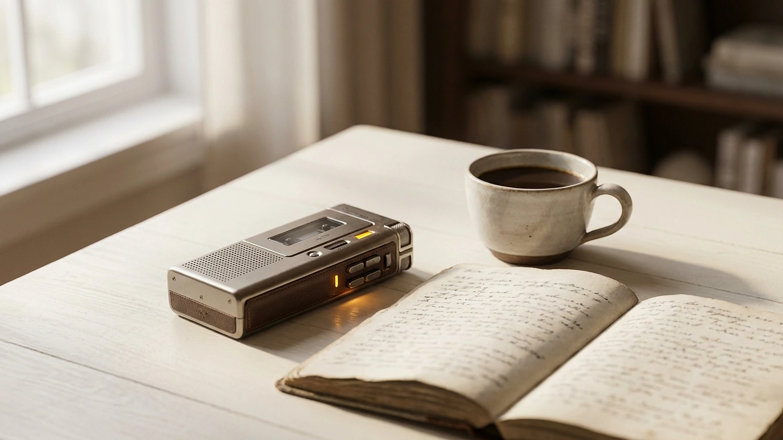 A voice recorder and a notebook of handwritten notes on a warm cream desk beside a cup of coffee in morning light
