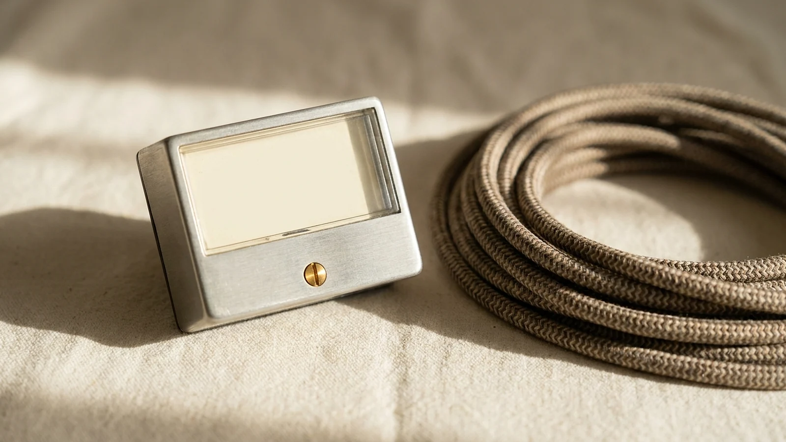 A vintage volume meter and headphone jack on a warm cream surface in soft light