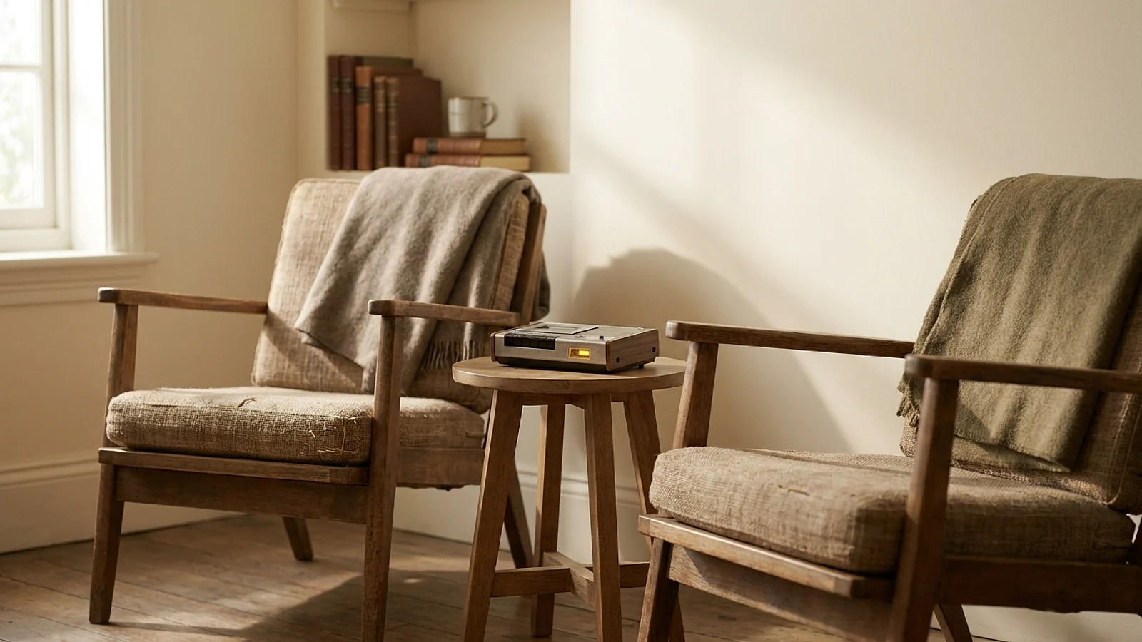 Two chairs beside a small table holding a voice recorder in warm daylight