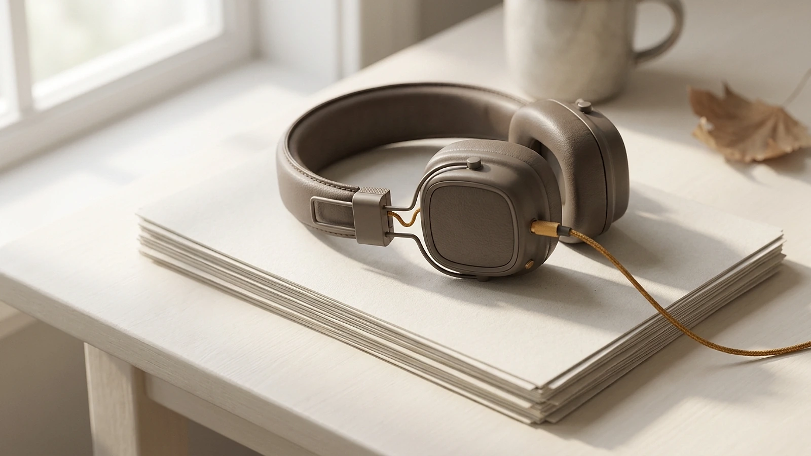 Studio headphones resting on a stack of printed pages on a warm cream desk in daylight