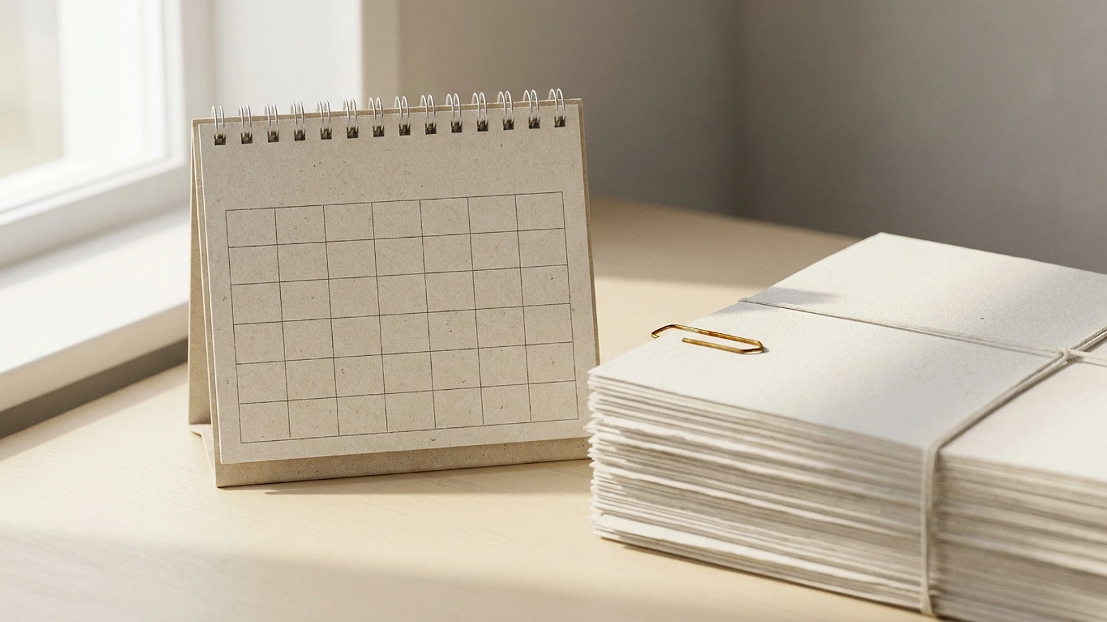 A desk calendar beside a stack of manuscript pages on a warm cream surface in morning light