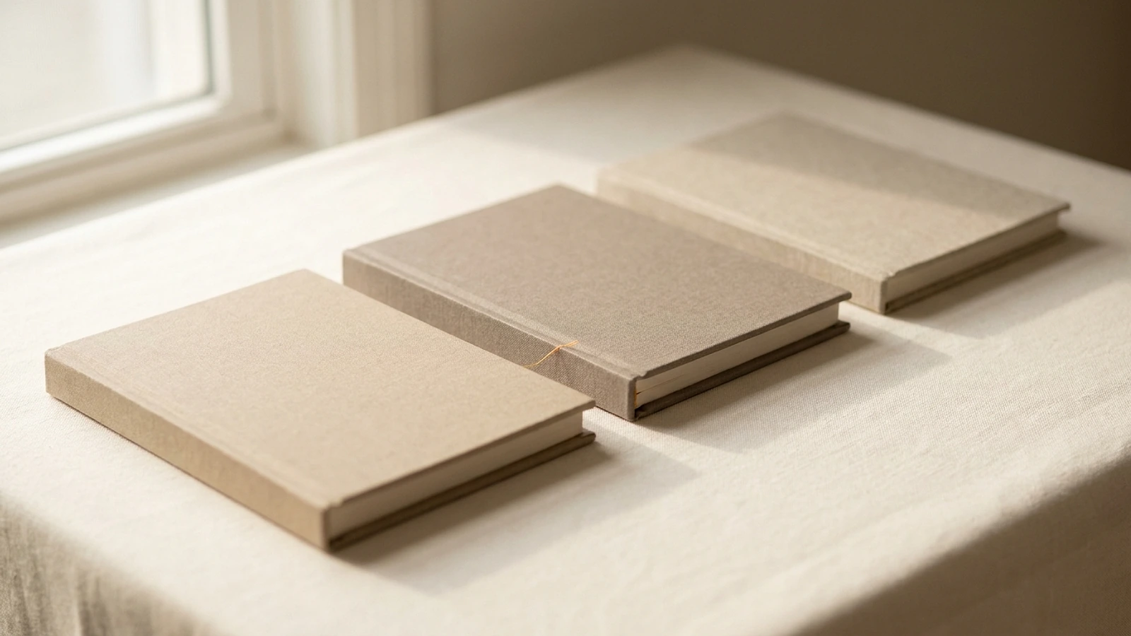 Three blank cover boards laid side by side on a warm cream surface in soft daylight