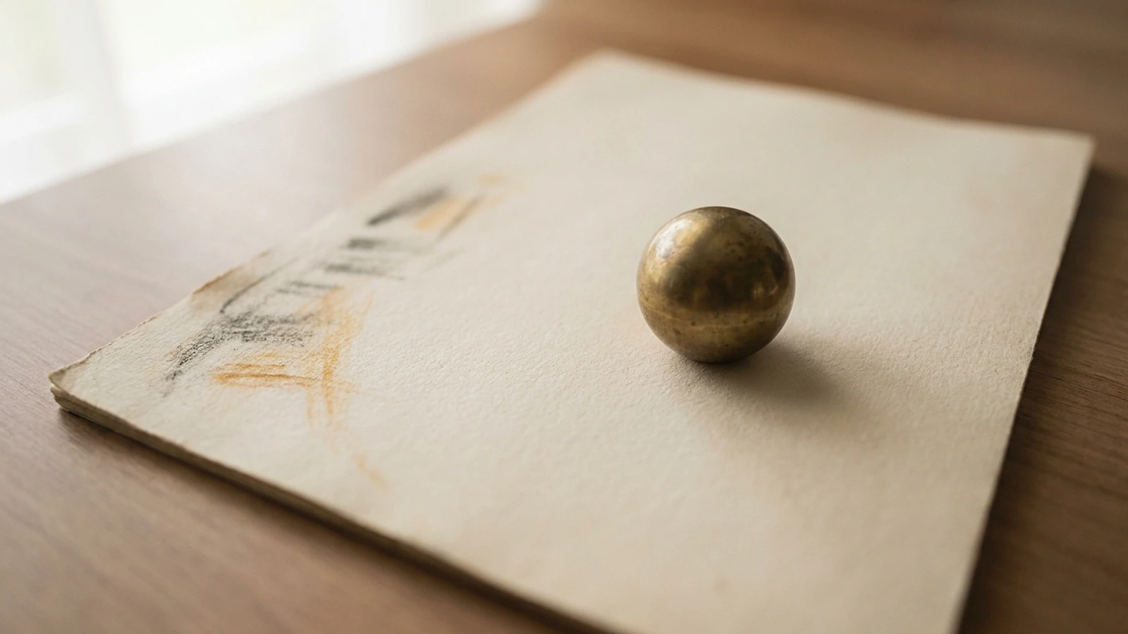 A manuscript page marked with pencil corrections beside a small brass weight on a warm cream desk