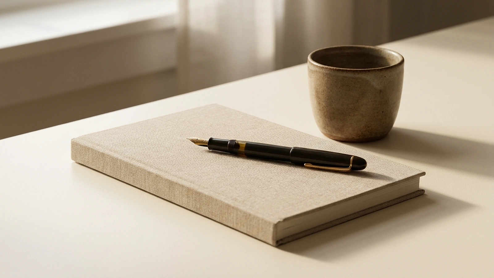 A fountain pen resting on a closed notebook beside a coffee cup on a warm cream desk
