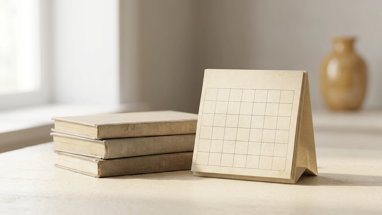 A wall calendar and a stack of books on a warm cream surface in morning light