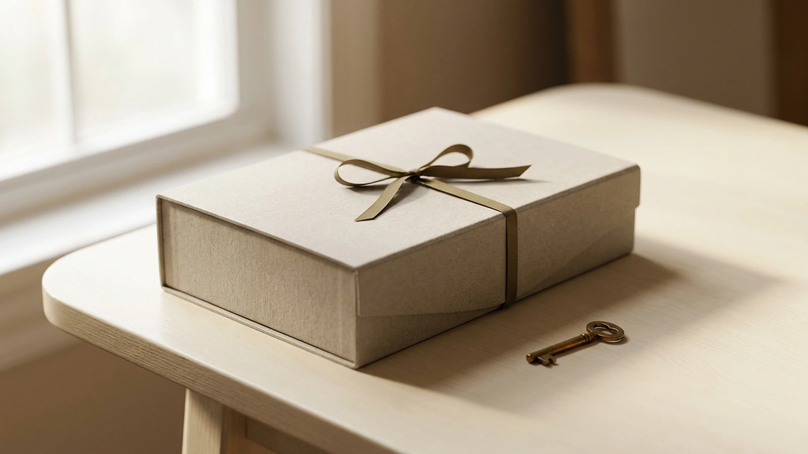 A closed manuscript box tied with ribbon on a warm cream desk in quiet daylight