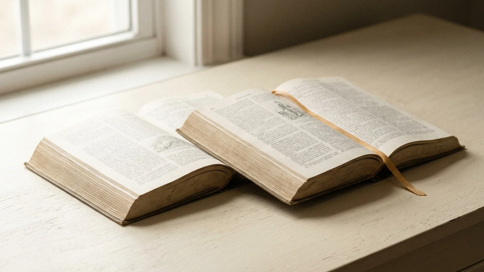 Two open dictionaries lying side by side on a warm cream desk in soft daylight
