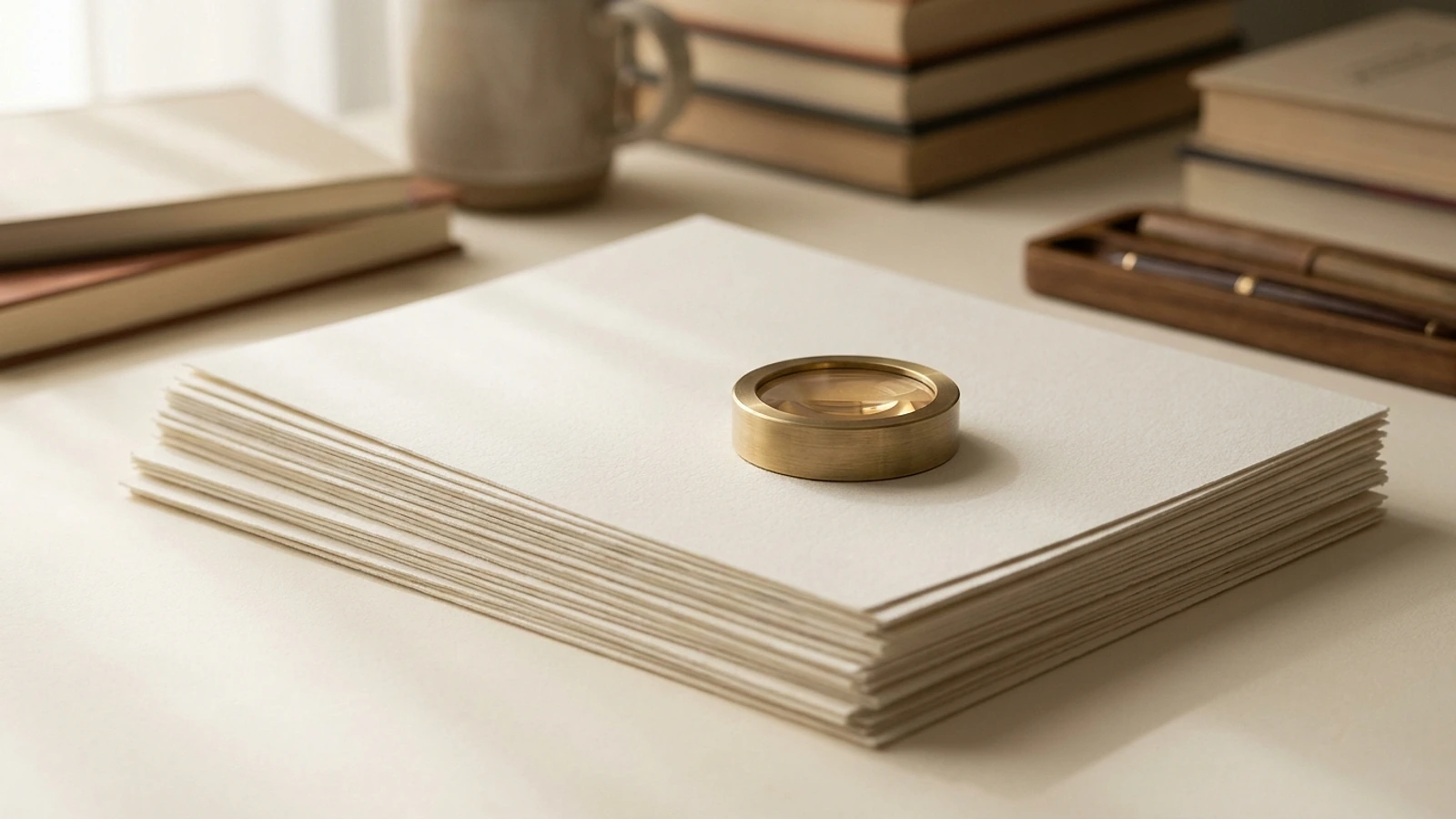 Printed proof sheets stacked on a warm cream surface beside a magnifying loupe in daylight