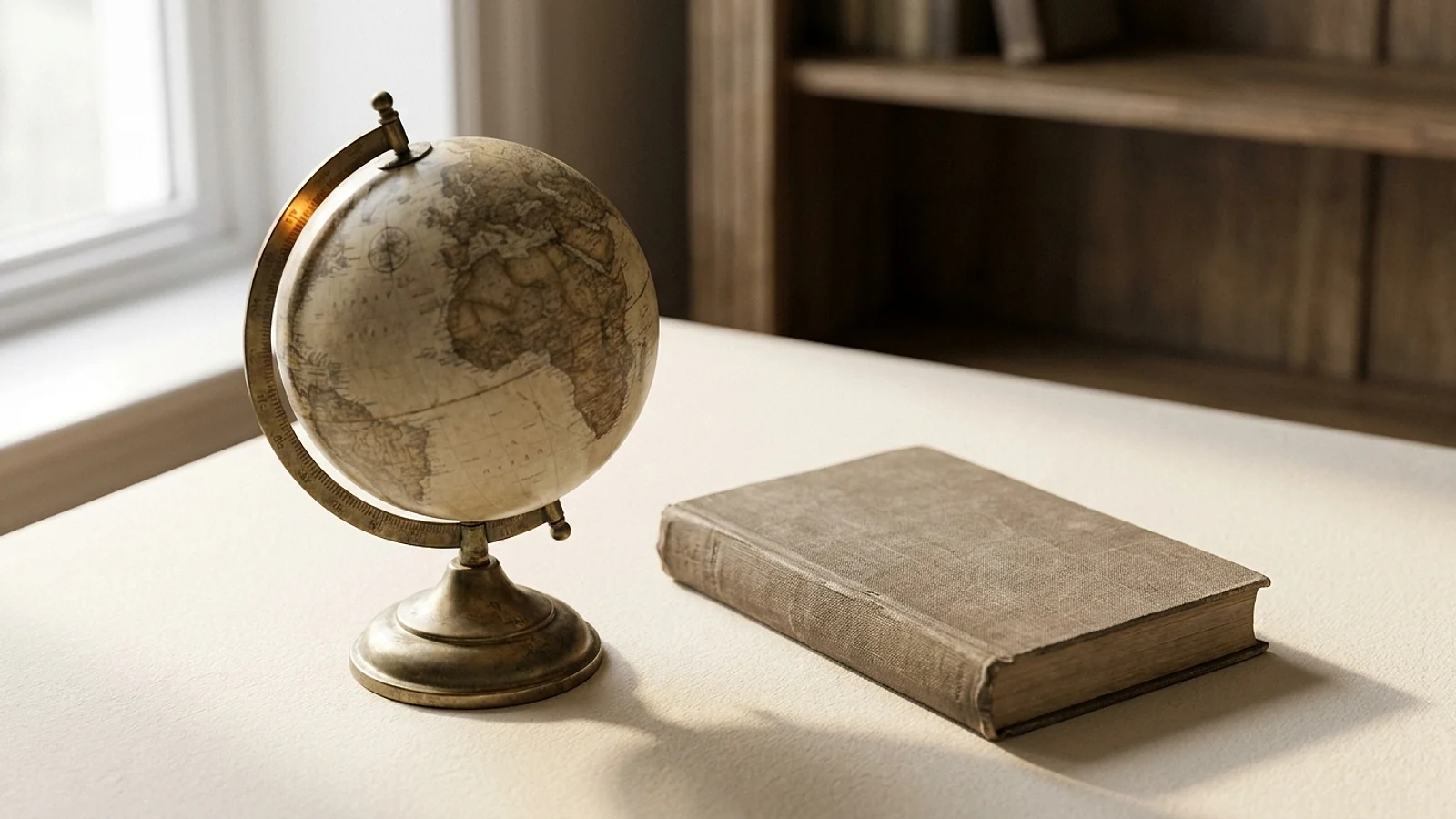 A world globe beside a closed book on a warm cream desk in soft morning light