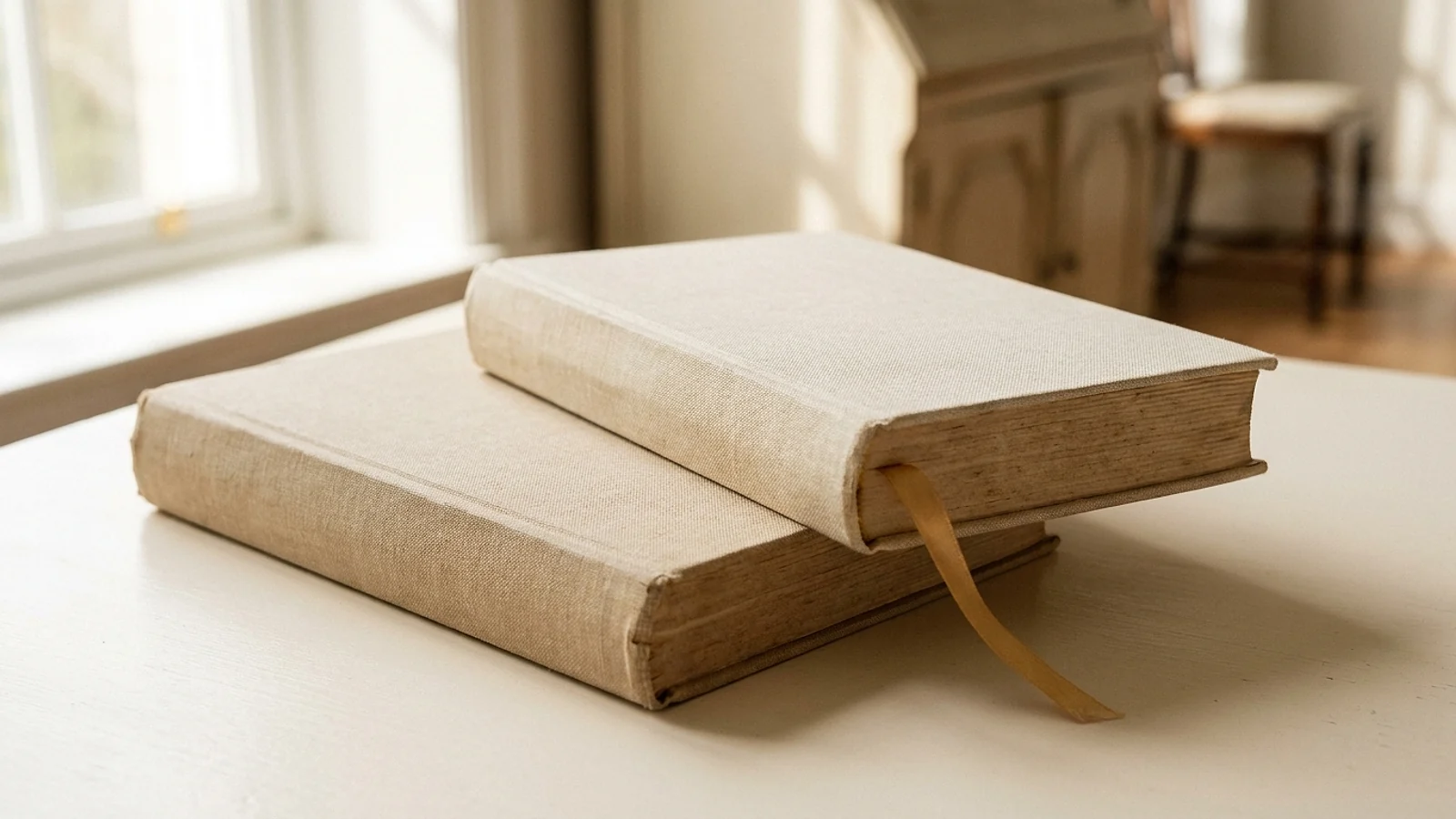 Two editions of the same book lying side by side on a warm cream desk in soft daylight