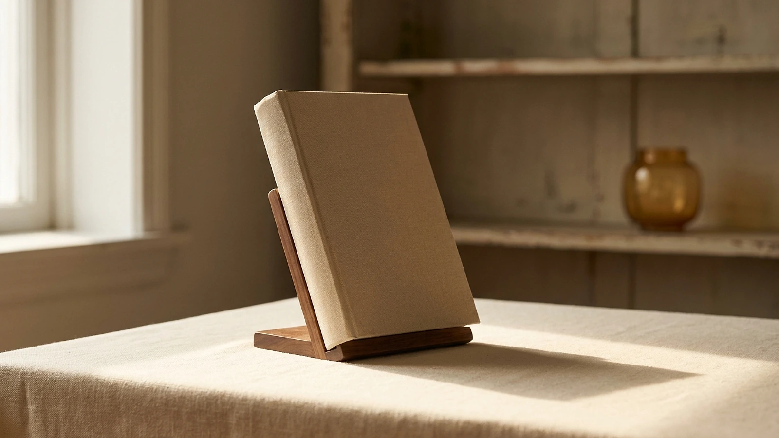 A single book on a stand catching a shaft of window light on a warm cream surface