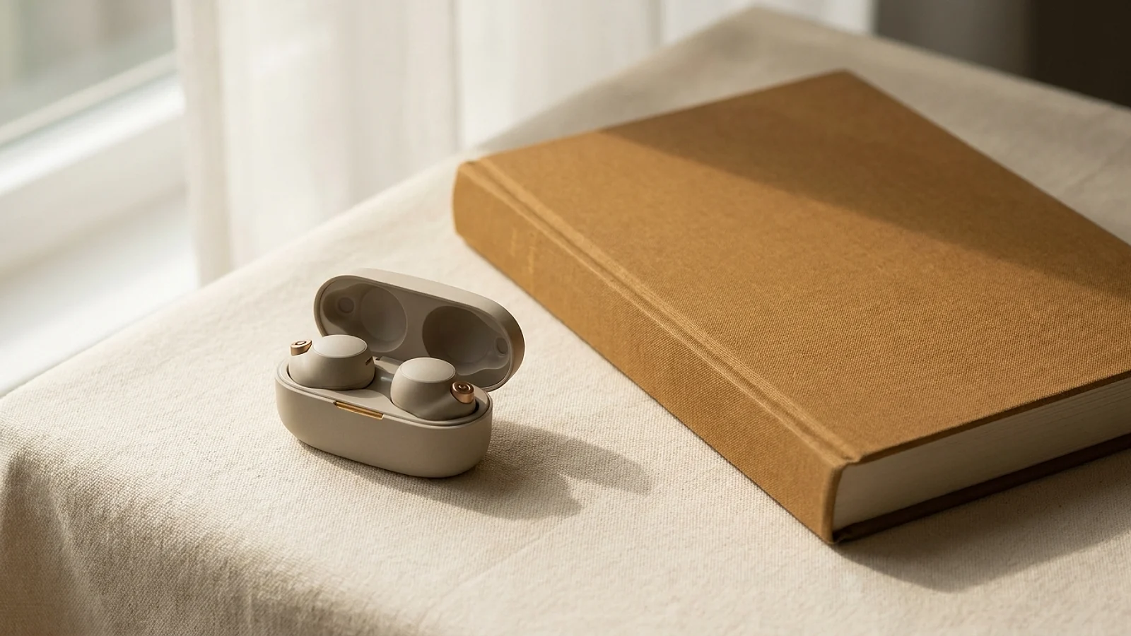 Wireless earphones resting beside a closed book on a warm cream surface in daylight