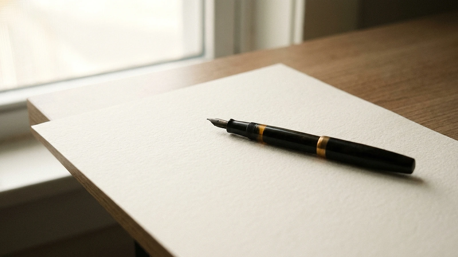 A fountain pen resting on a plain unsigned document on a warm cream desk in daylight