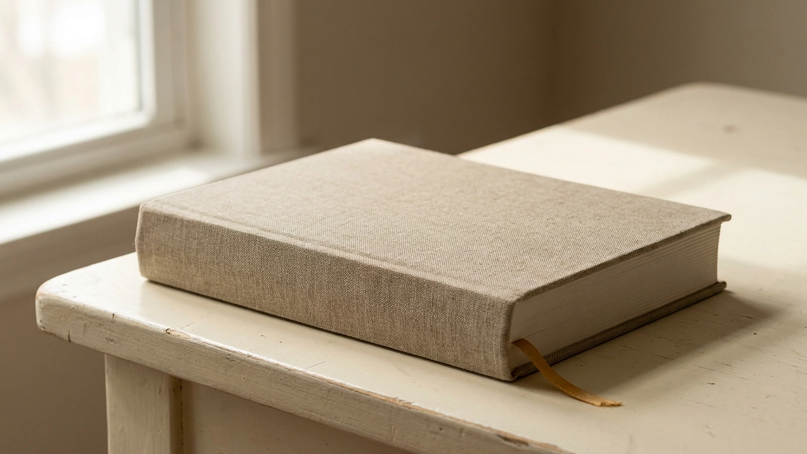 A closed cloth-bound book resting on a warm cream surface with soft window light across it