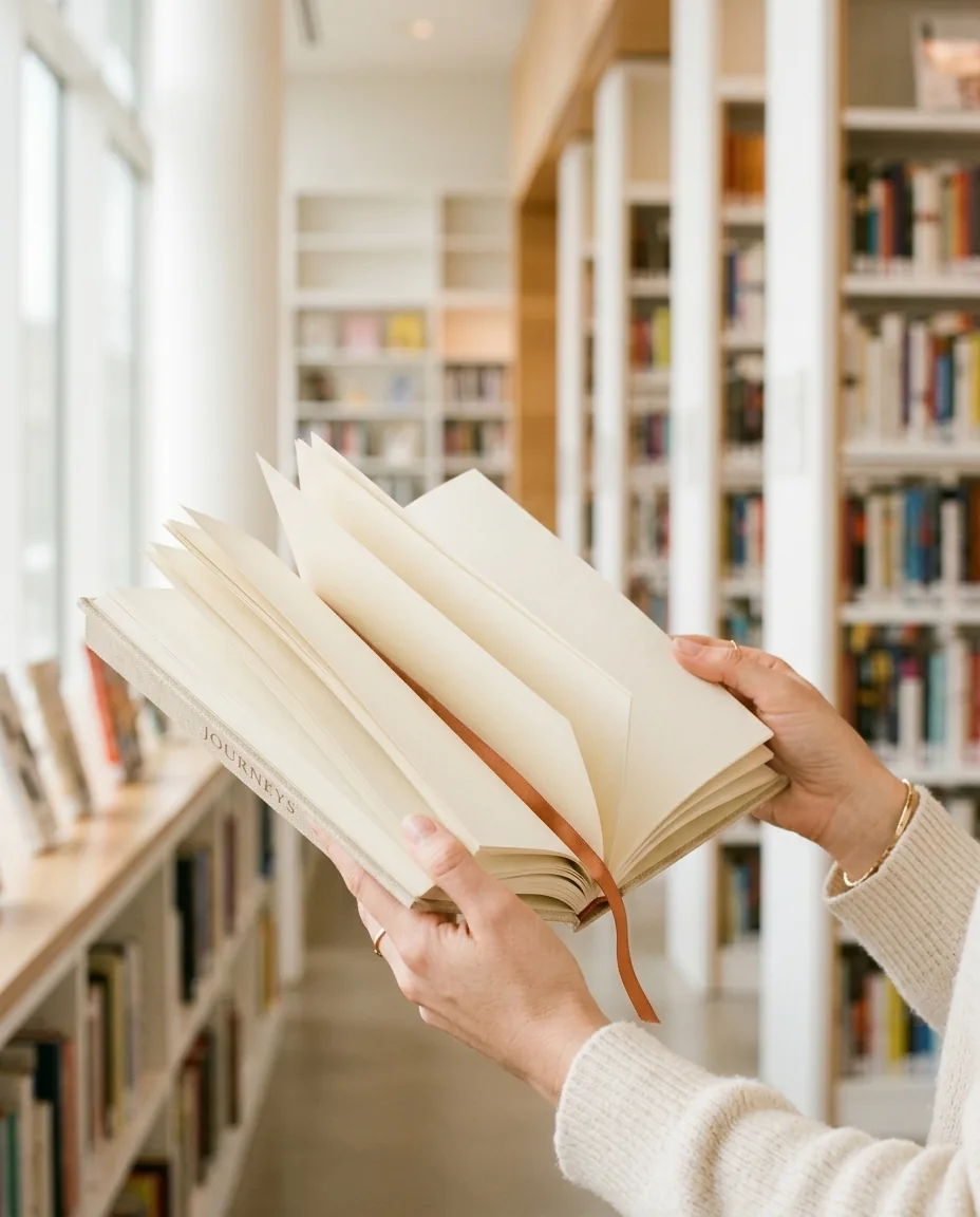 A professionally published hardcover book held open, the result of premium book publishing services