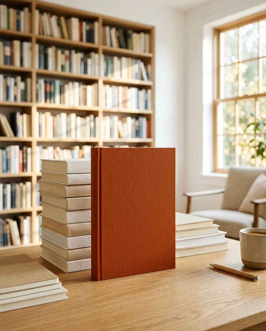 A finished hardcover book on a writer's desk in a bright, book-lined study