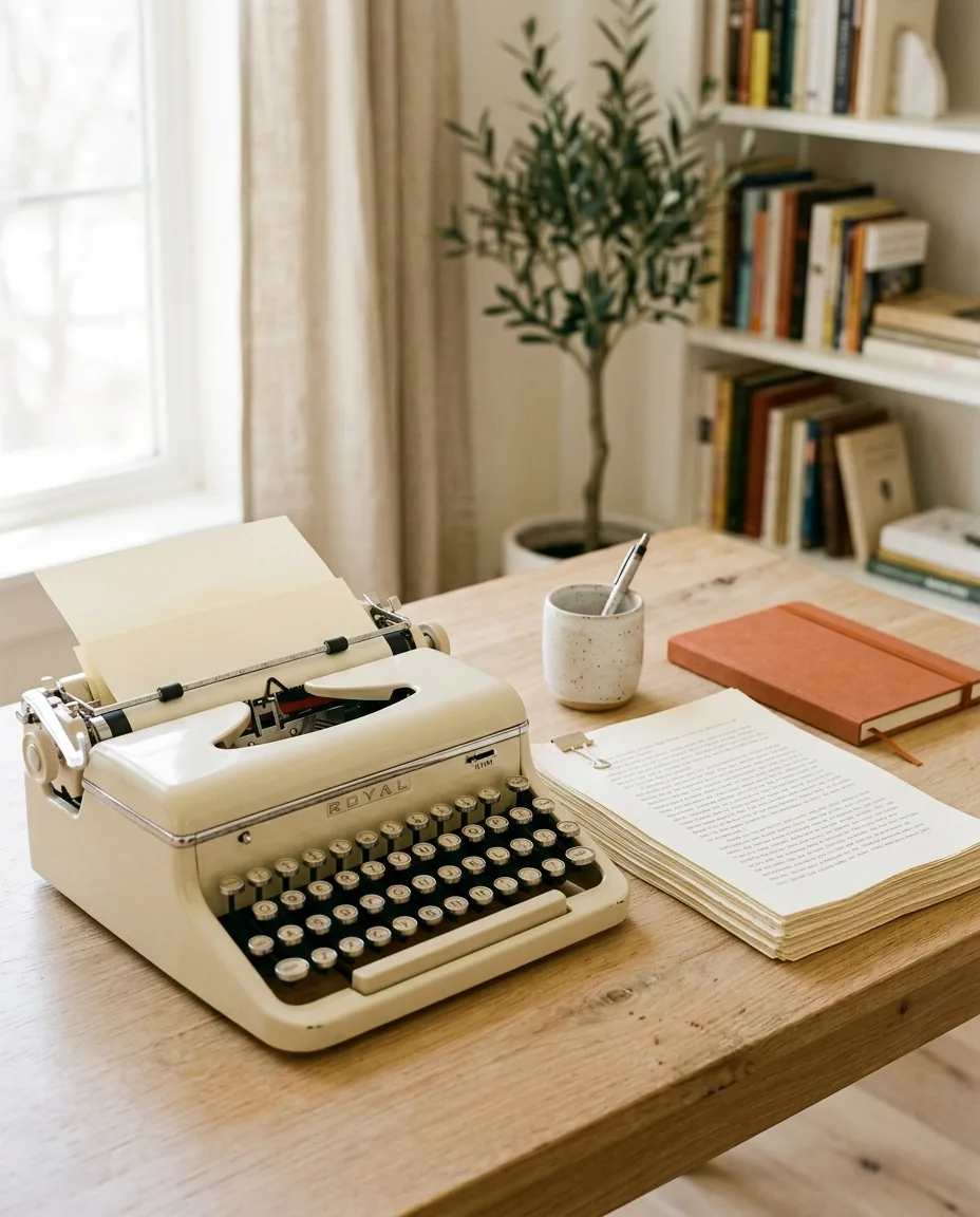 A typewriter and manuscript pages representing book ghostwriting services