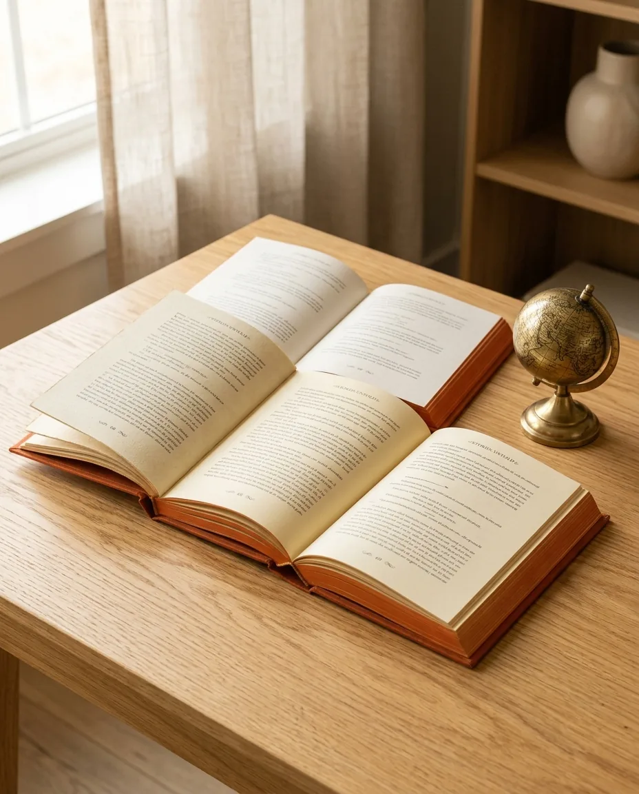Open book beside a globe representing book translation services